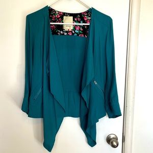 Elevenses Eldora teal draped jacket (Anthropologie)